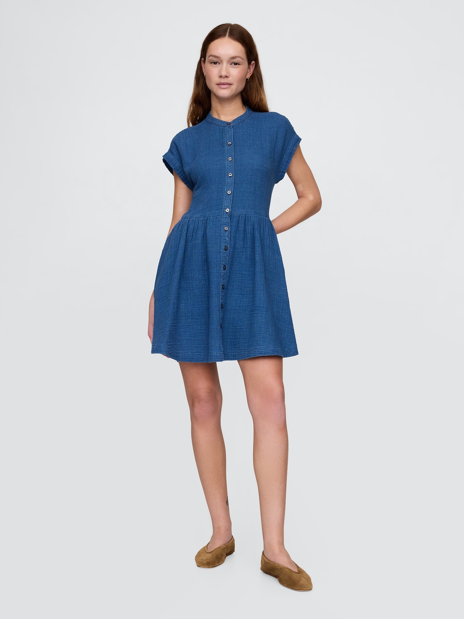 Cotton Gauze Denim Mini Shirtdress