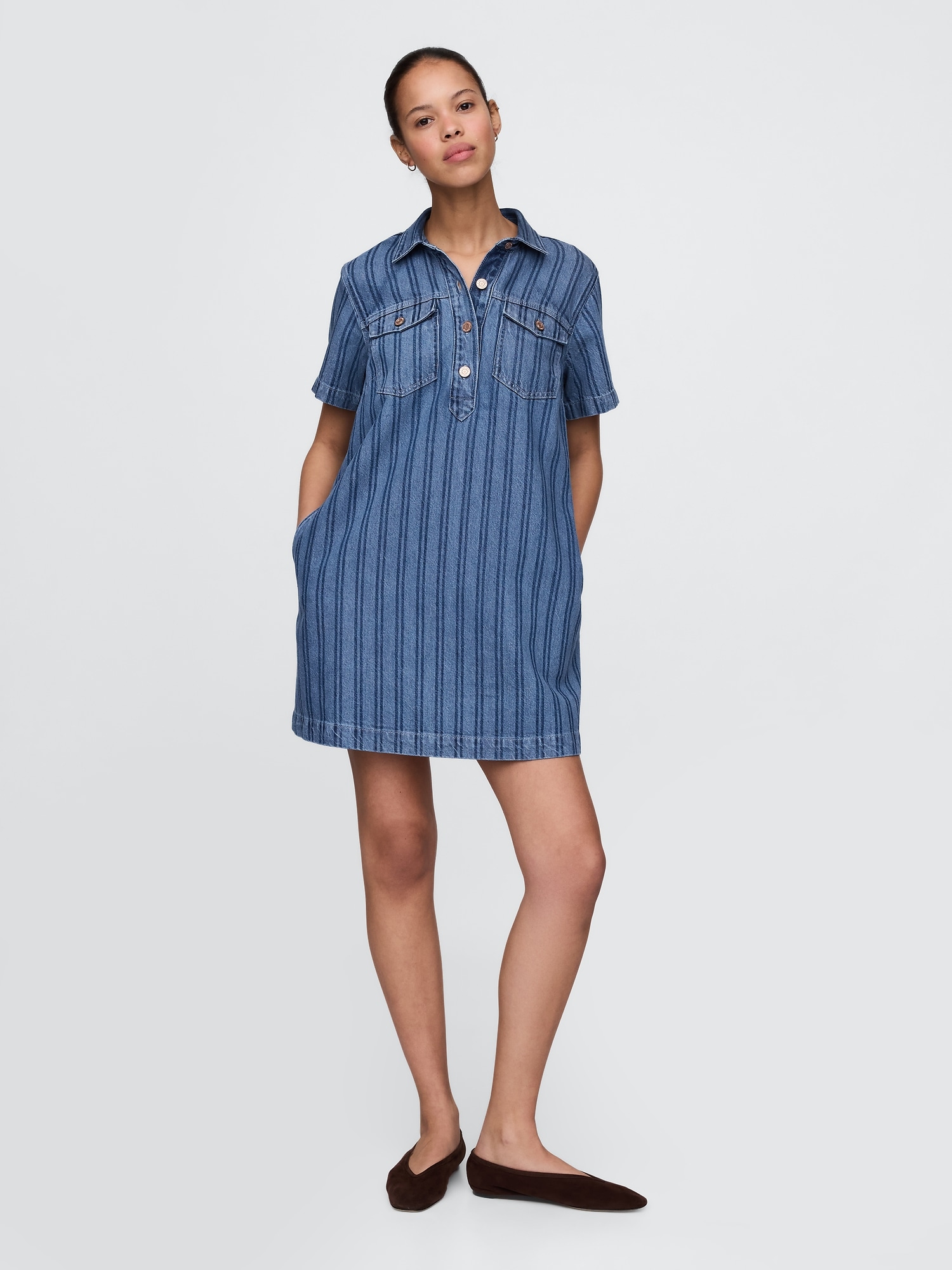UltraSoft Denim Stripe Popover Mini Dress