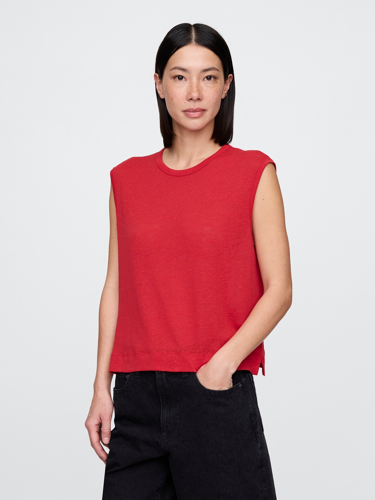 Linen-Blend Crewneck Shell Tank Top